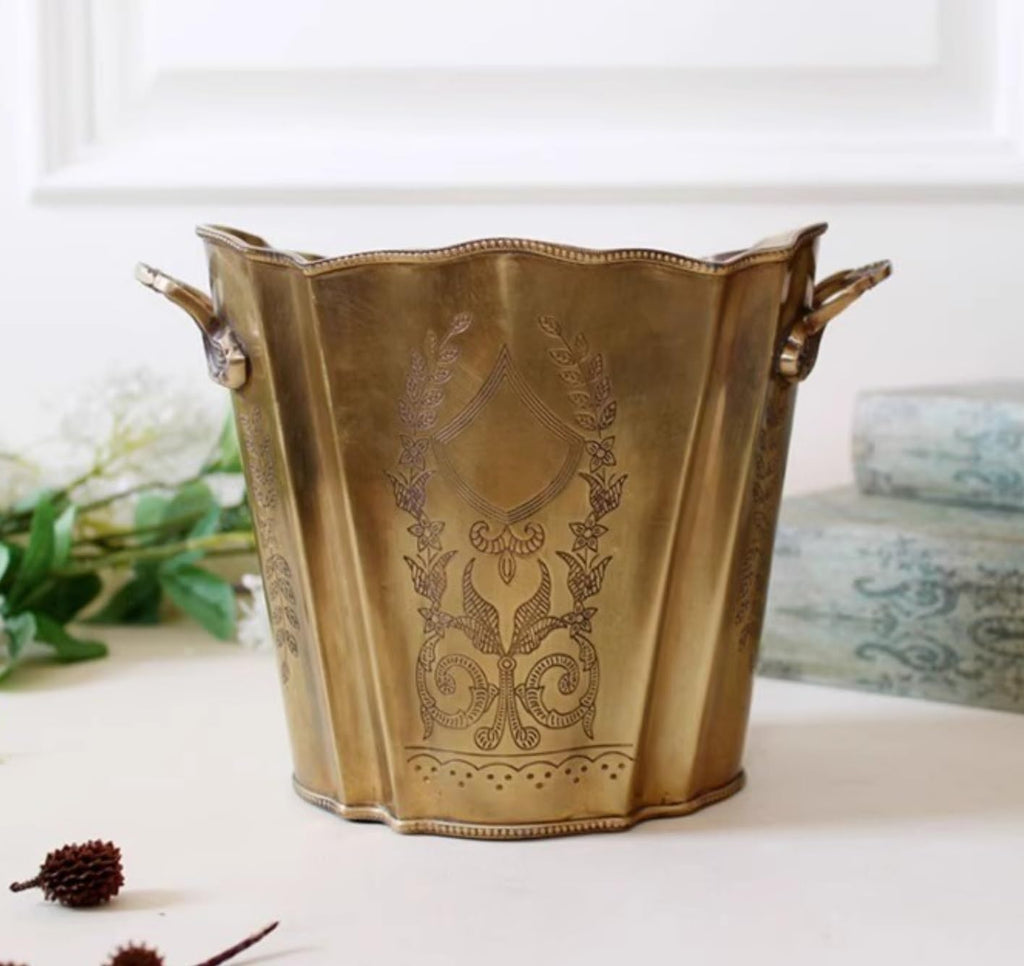 Ice Bucket Brass Carved Ice Bucket with Handles Handmade Vintage Champagne Wine Cooler for Parties
