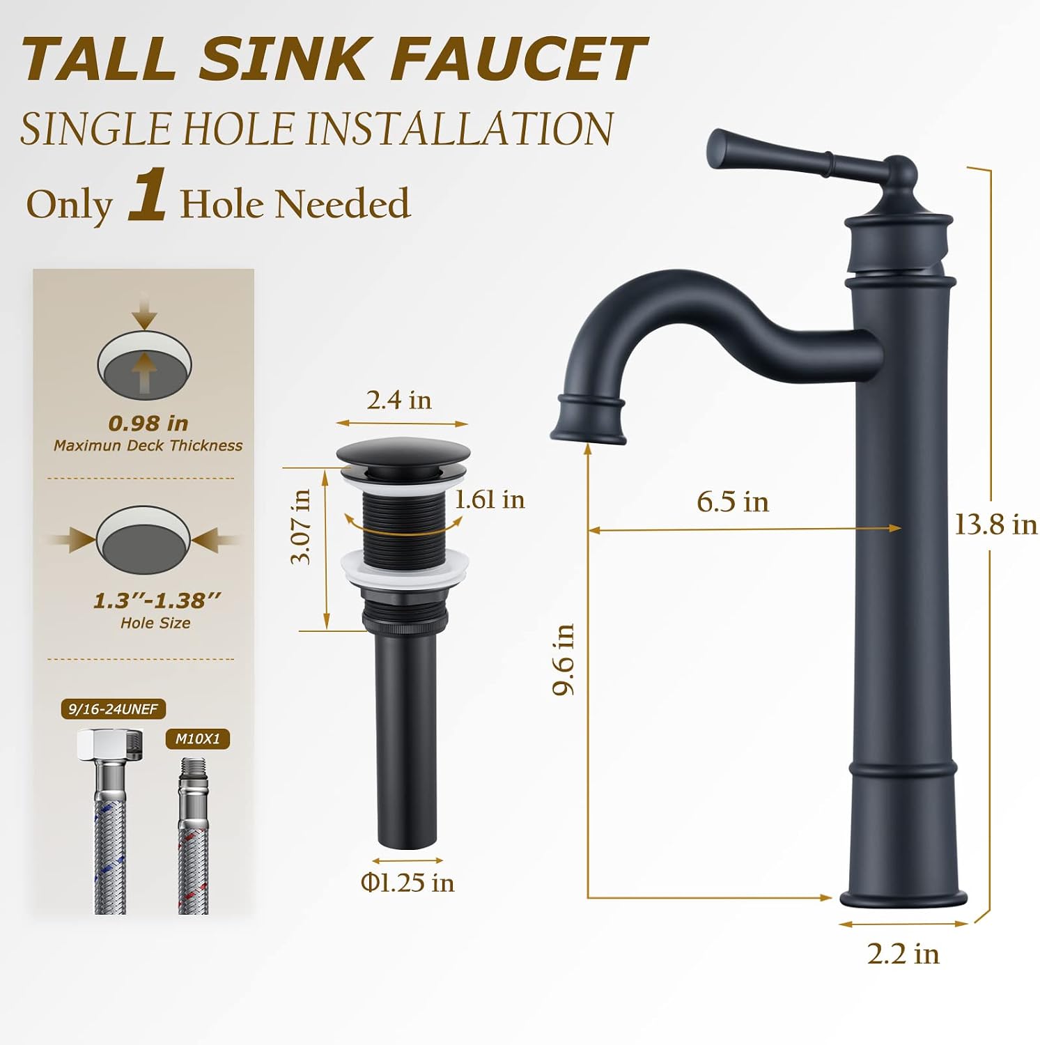 Vessel Sink Faucet Matte Black Bathroom Tall Faucet Single Hole Deck-Mount Pop up Drain Assembly Without Overflow Water Supply Lines Included