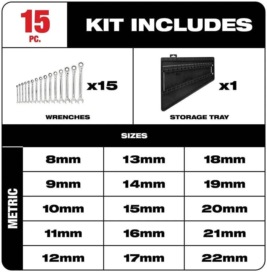 15pc 48-22-9516 Wrench Set,Ratchet Wrenches Set, for Milwaukee Durable Metric Ratcheting Combination Wrench Set New