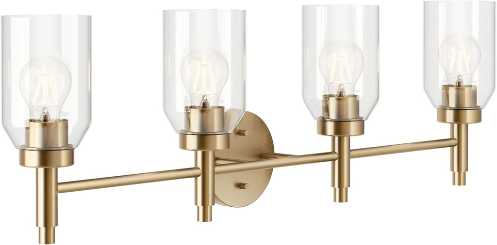 Kichler Madden 4-Light Bathroom Vanity Light Fixture with Clear Glass Shades in Champagne Bronze, Modern Wall Mount for Single or Double Vanity Over Mirror (10.5' x 34'), 55186CPZ