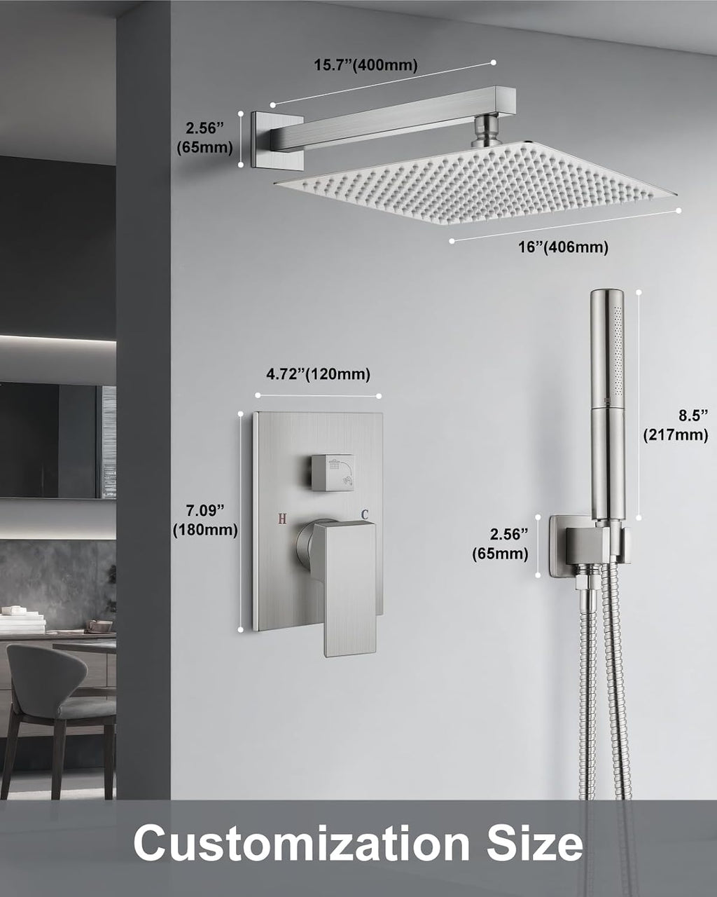 Aolemi Shower Faucet Set, High Pressure Shower System with 2-in-1 Handheld Sprayer, Wall Mount Fixture Combo with Rough-in Valve, 16 Inch Shower Head, Brushed Nickel