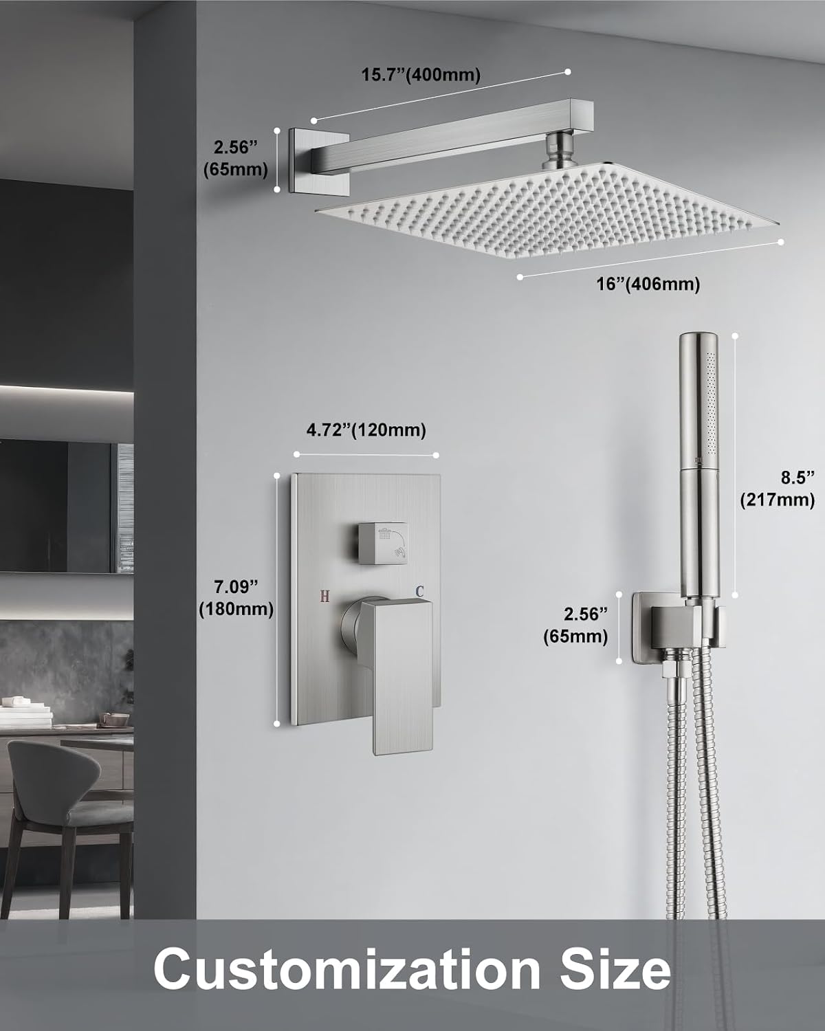 Aolemi Shower Faucet Set, High Pressure Shower System with 2-in-1 Handheld Sprayer, Wall Mount Fixture Combo with Rough-in Valve, 16 Inch Shower Head, Brushed Nickel