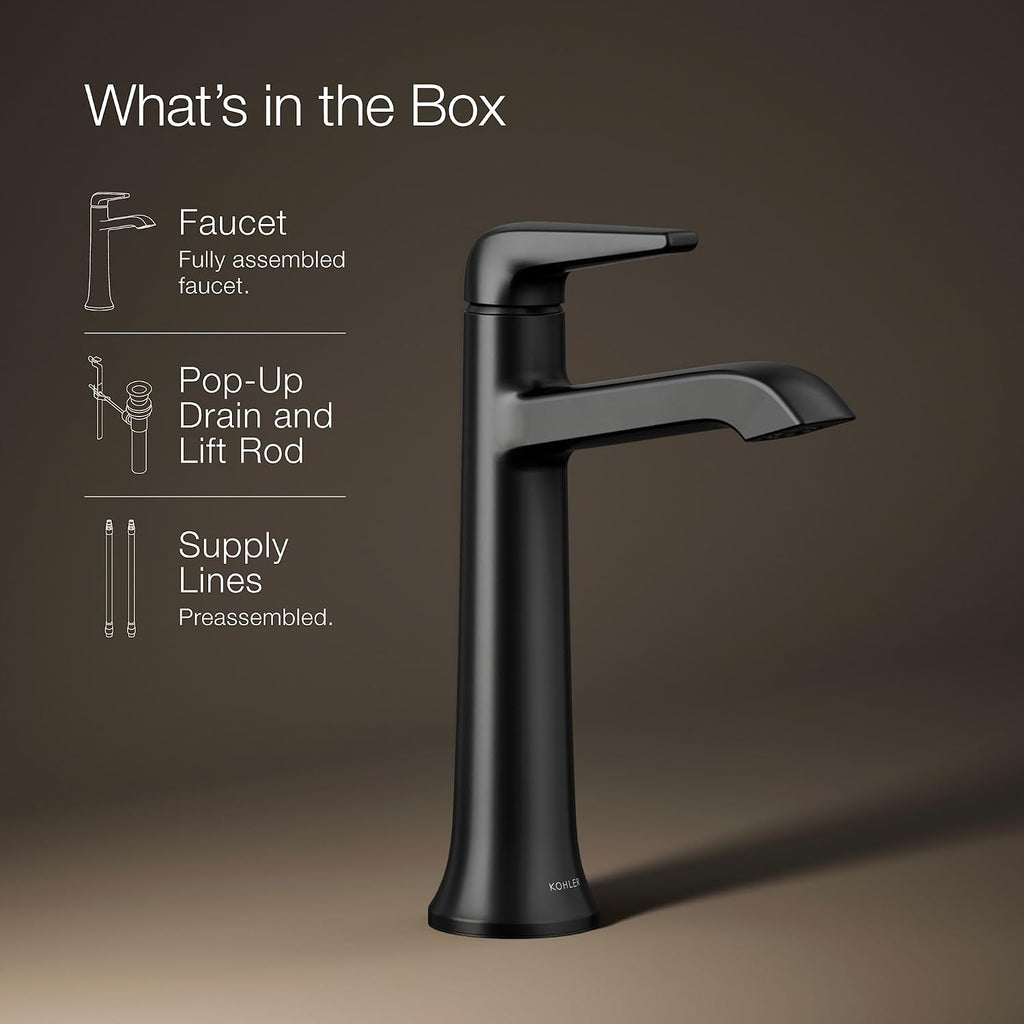 Kohler K-22023-4 Tempered 1.2 GPM Single Hole Vessel Bathroom Faucet with Pop-Up Drain Assembly - Vibrant Polished Nickel