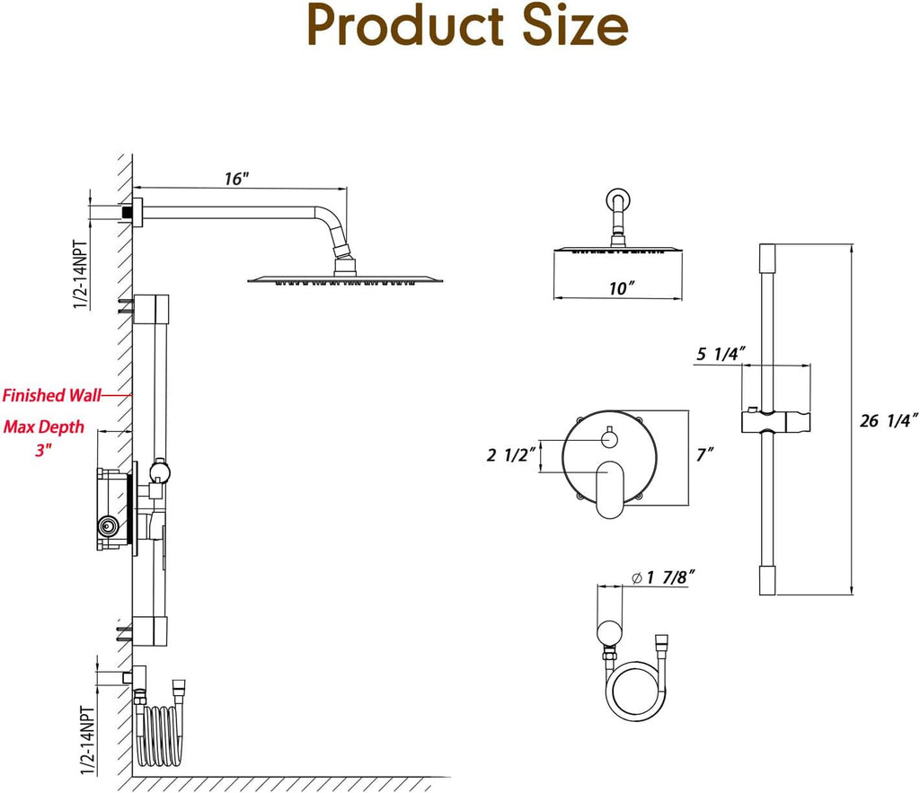Gabrylly Shower System, Slide Bar Shower Faucet Set with High Pressure 10' Rain Shower Head and 5-Setting Handheld Spray, 2-Way Shower Valve Kit, Brushed Nickel