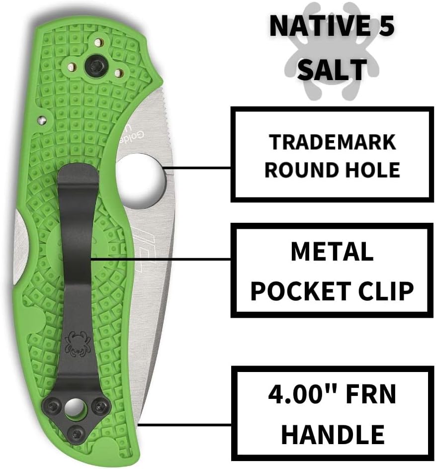 Spyderco Native 5 Lightweight Salt Folding Knife with 2' LC200N Steel Blade and Green FRN Handle - EDC Knife for Men and Women, Perfect for Hunting, Tactical, Camping, Survival - PlainEdge - C41PGR5