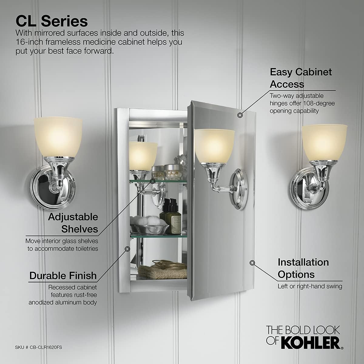 Kohler CB-CLR1620FS Frameless Bathroom Mirror Medicine Cabinet, Single Door, Rectangular Beveled Edge Frame, Bathroom Cabinet Mirror, Adjustable Shelves, 16 in. W x 20 in. H