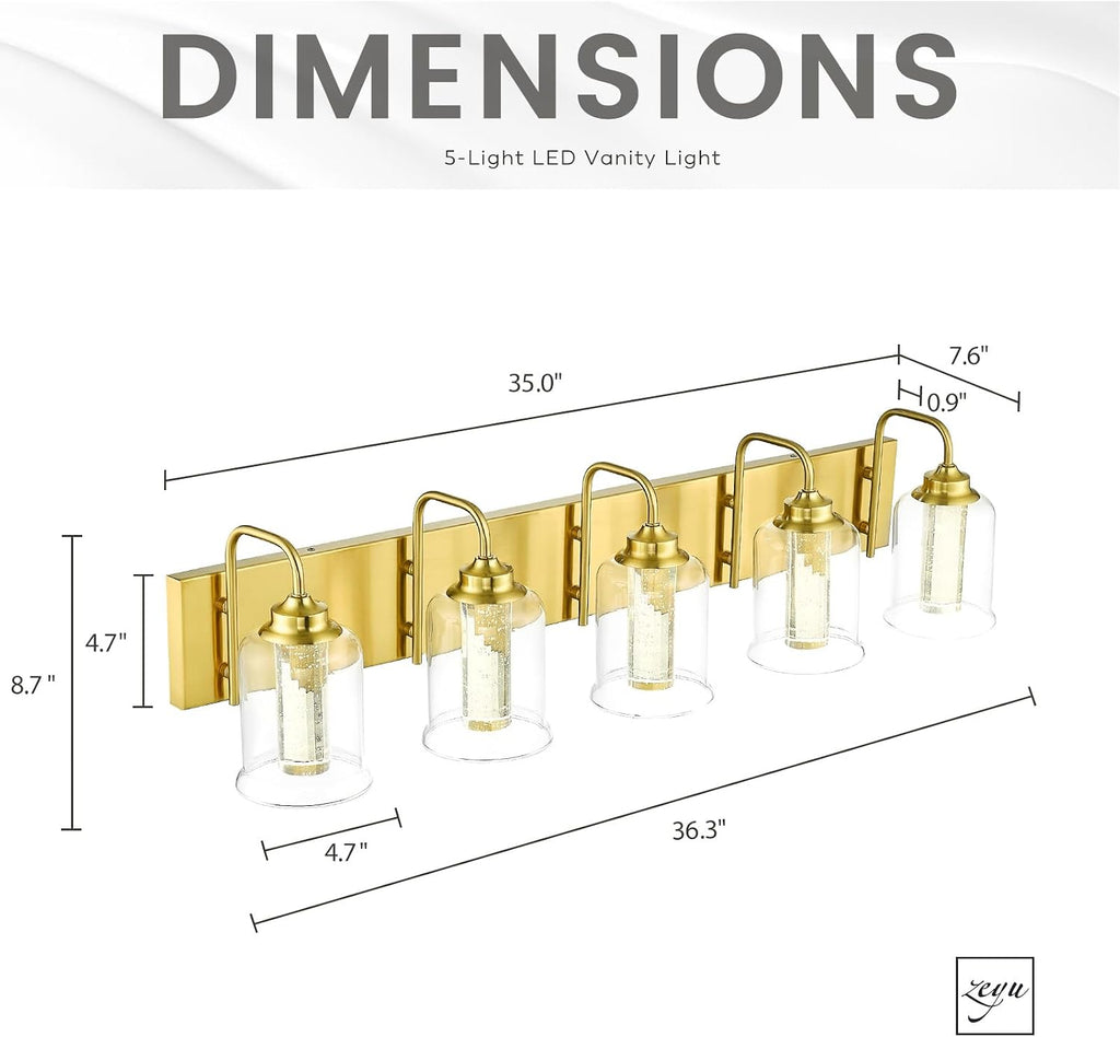 zeyu 5 Light Bathroom Wall Light, 30W Dimmable LED Vanity Lighting with 5 Color Modes, Brushed Gold Finish with Crystal Bubble and Clear Glass, ZSL72B-5W LED BG