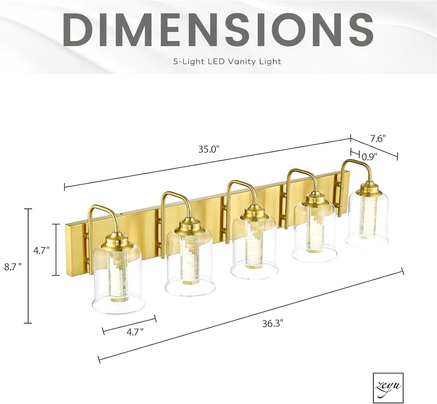 zeyu 5 Light Bathroom Wall Light, 30W Dimmable LED Vanity Lighting with 5 Color Modes, Brushed Gold Finish with Crystal Bubble and Clear Glass, ZSL72B-5W LED BG