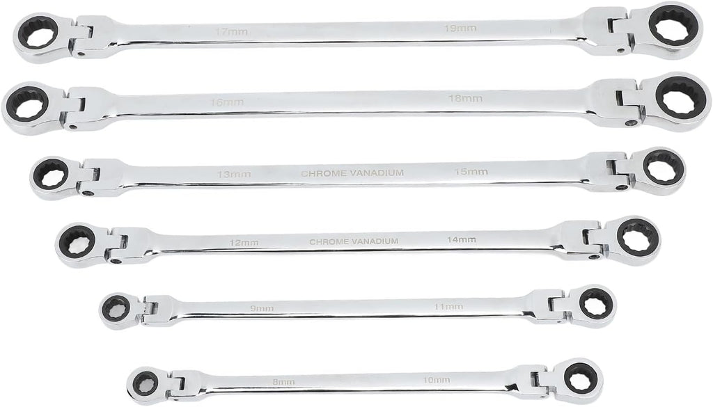 Qiilu 6pcs Flex Head Ratcheting Wrench Set, Metric 8-19mm CRV Steel, Extra Long Double Box End Ratchet Wrench for Repair, Greater Leverage and Easy in Tight Spaces, Efficient