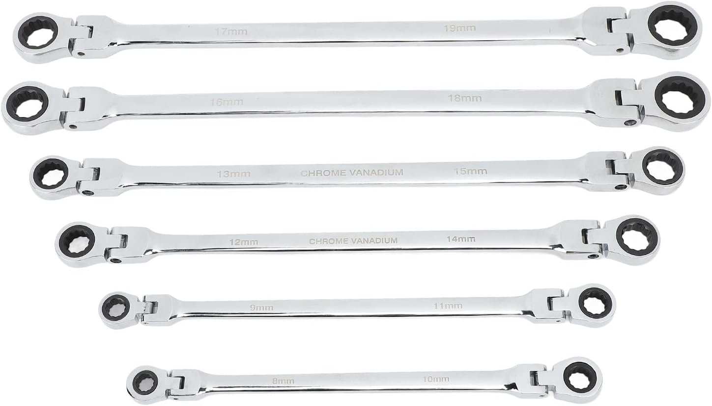 Qiilu 6pcs Flex Head Ratcheting Wrench Set, Metric 8-19mm CRV Steel, Extra Long Double Box End Ratchet Wrench for Repair, Greater Leverage and Easy in Tight Spaces, Efficient