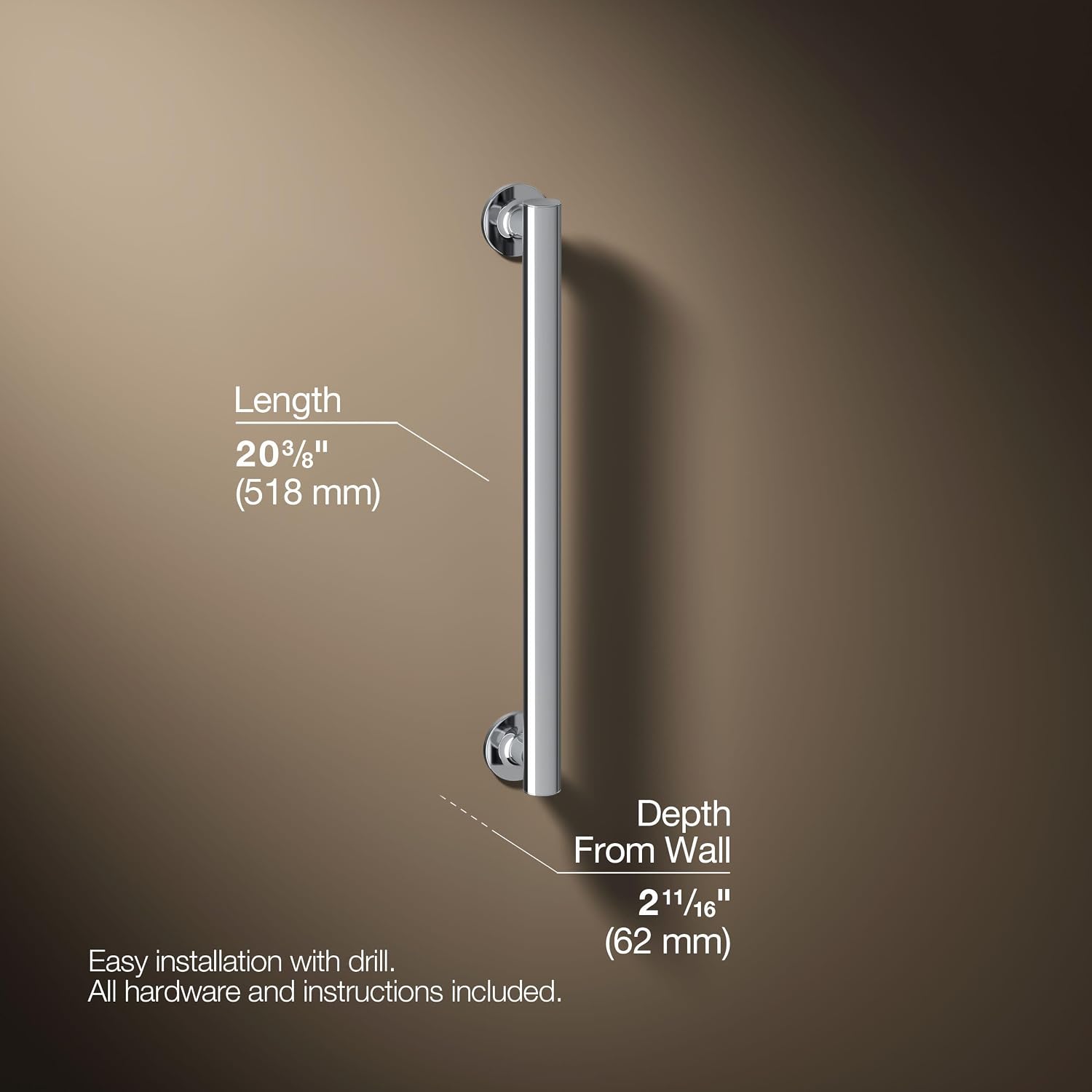 KOHLER 11892-S Purist 18' Grab Bar for Bathtubs and Showers, Wall-Mount Grab Bars for Bathroom, Polished Stainless