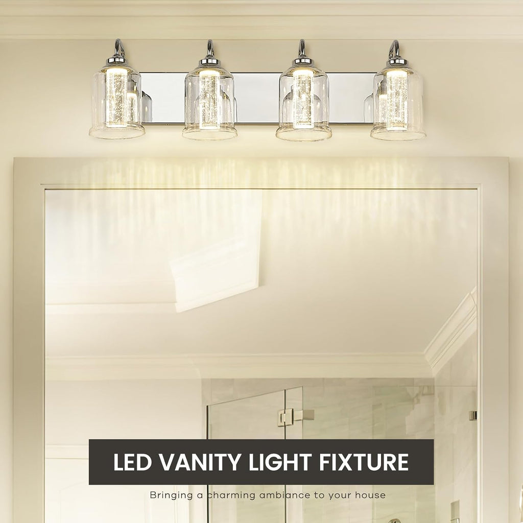 zeyu 4-Light Dimmable Vanity Lighting Fixture, 20W LED Bathroom Vanity Light, Adjustable 3CCT 3000K/4000K/5000K, Chrome Finish with Crystal Bubble and Clear Glass, ZSL72B-4W LED CH-1