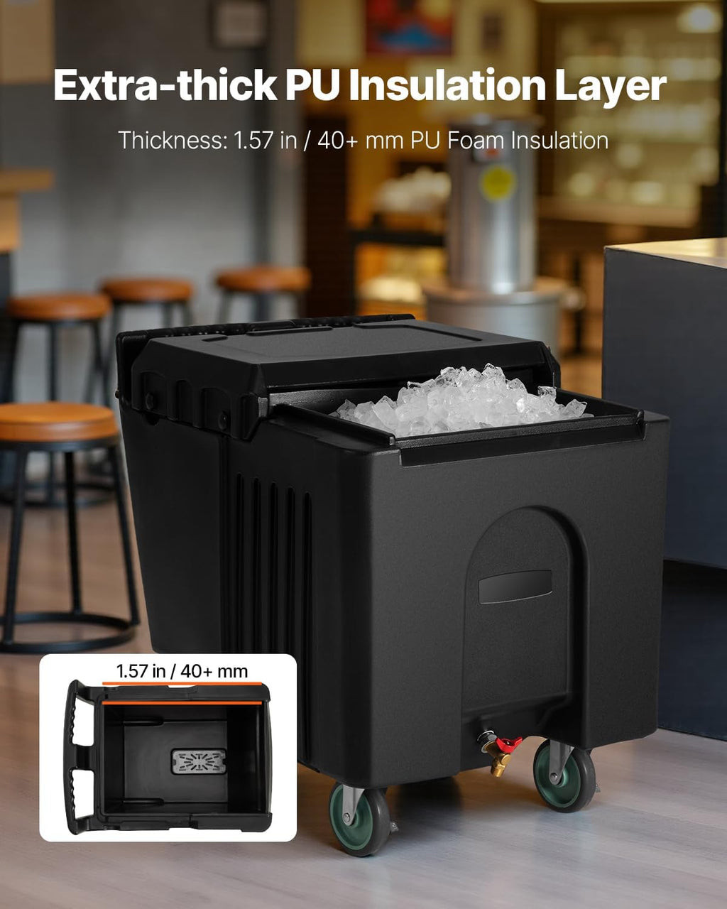VEVOR Commercial Ice Bin, 125 lbs Portable Ice Caddy, Insulated Ice Carrier with 4 Wheels and Flip Lid, Large Ice Bin for Catering, Kitchens, Bistros, Restaurants, and Bars