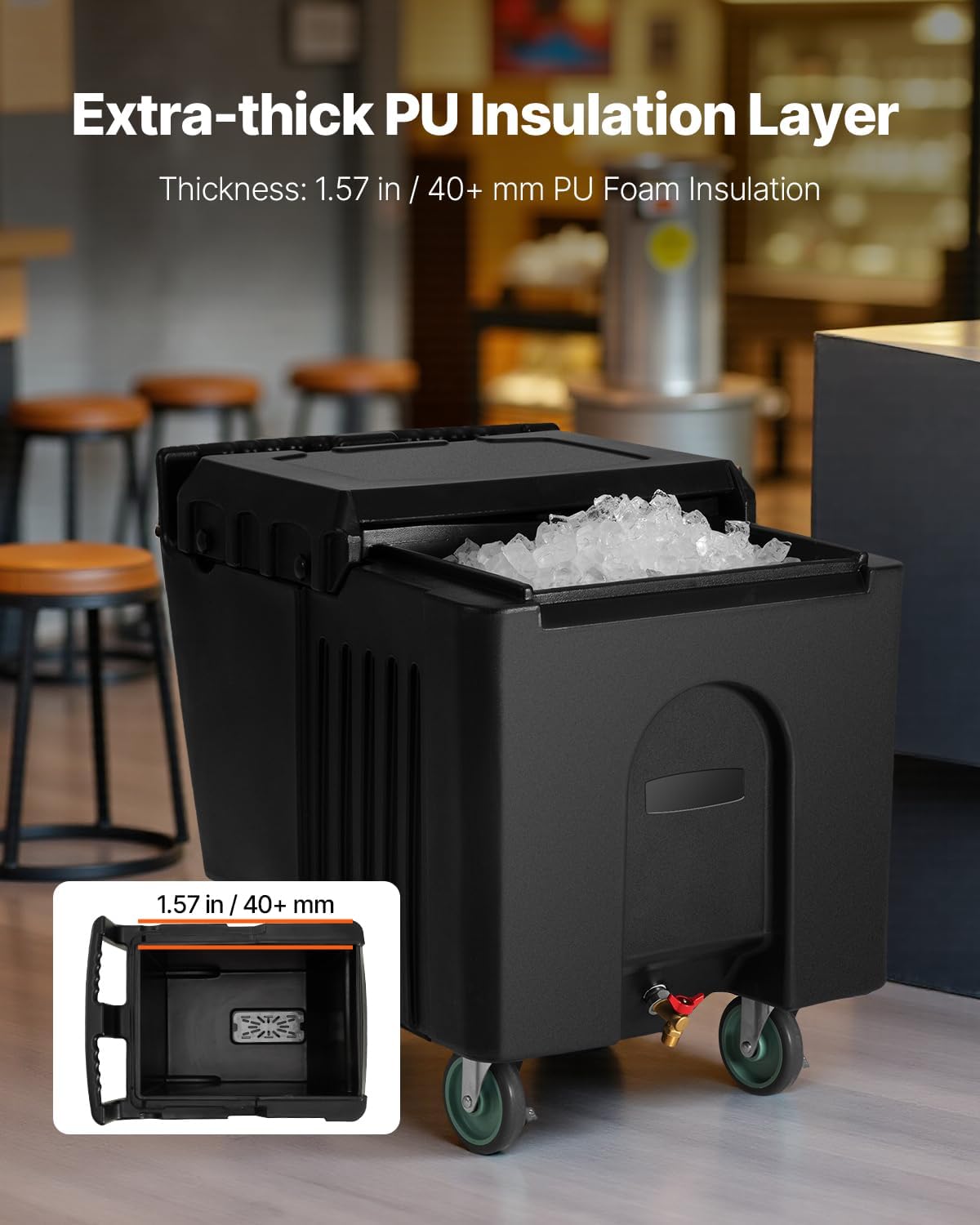 VEVOR Commercial Ice Bin, 125 lbs Portable Ice Caddy, Insulated Ice Carrier with 4 Wheels and Flip Lid, Large Ice Bin for Catering, Kitchens, Bistros, Restaurants, and Bars