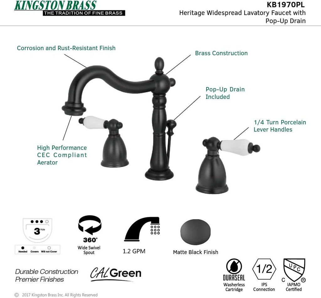 Kingston Brass KB1970PL Kb1970Pl Heritage 8' Widespread Lavatory Faucet With Brass Pop-Up, 6-1/2' In Spout Reach, Matte Black