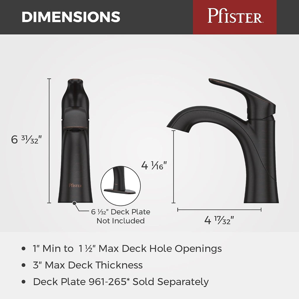 Pfister Weller Single Handle Bathroom Sink Faucet with Single Hole or 3-Hole Mount, Tuscan Bronze Finish, Push & Seal Drain, Water-Efficient WaterSense Certified, LG42WR0Y