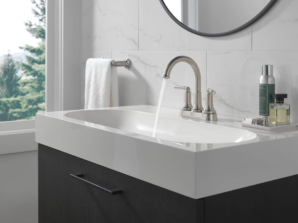 Delta Faucet Saylor Brushed Nickel Bathroom Faucet, Bathroom Sink Faucet, Centerset Bathroom Faucet for Bathroom Sink, Diamond Seal Technology, Metal Drain Assembly, Stainless 2535-SSMPU-DST