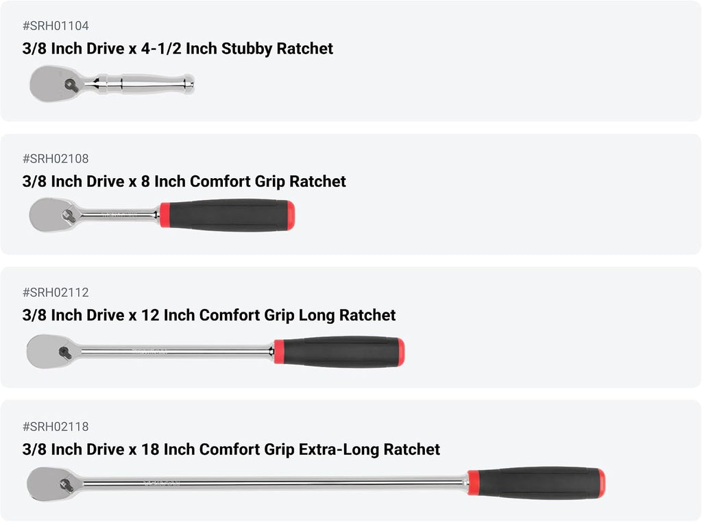 TEKTON 3/8 Inch Drive Non-Quick-Release Comfort Grip Ratchet, L-Handle, and Breaker Bar Set (10-Piece) | SDR99104