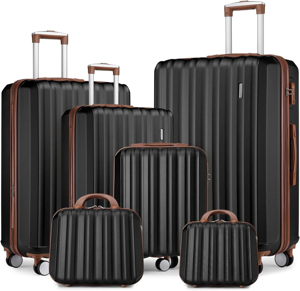 LARVENDER Luggage Sets 6 Piece, Suitcases With Wheels, Expandable Hardshell Carry on Luggage Suitcase Set, Lightweight Travel Luggage Set with TSA Locks for Men and Women, Black