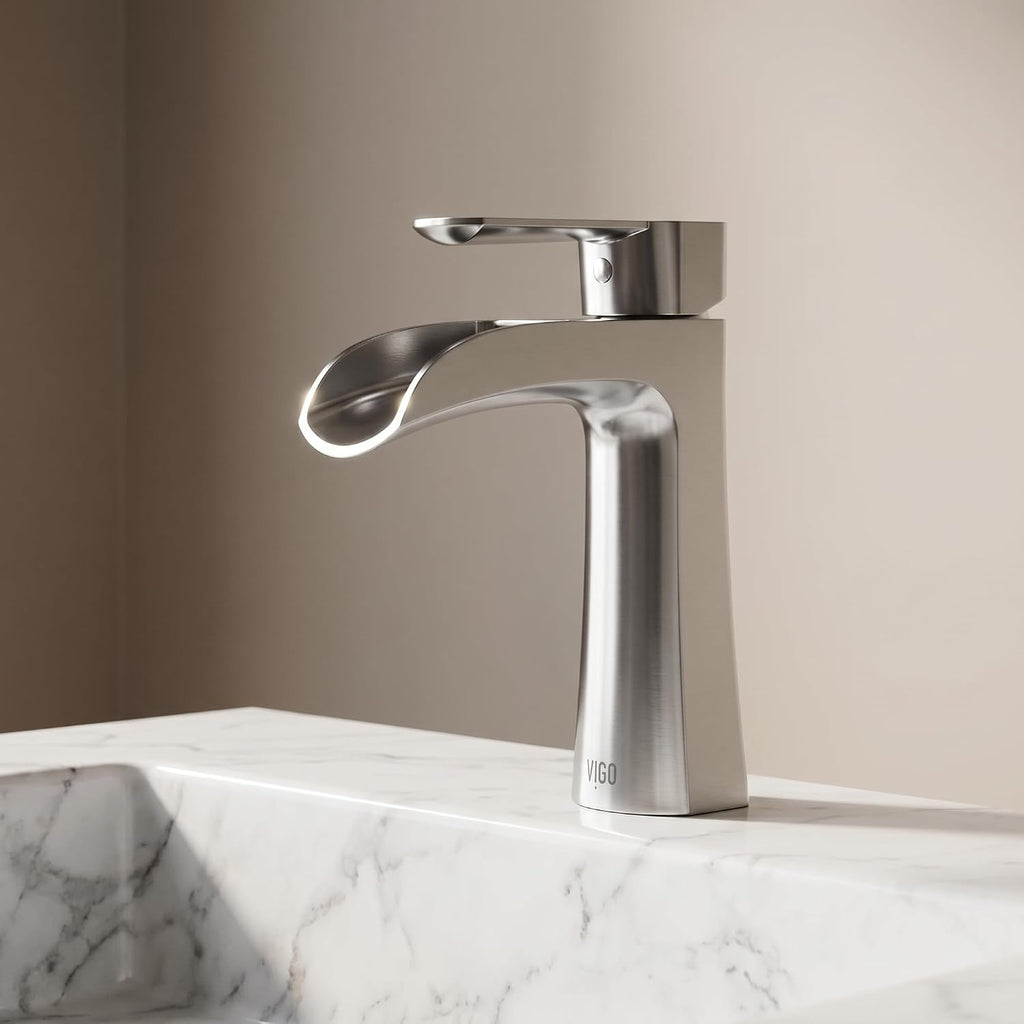 VIGO Paloma Waterfall Single-Handle Single-Hole Mount Bathroom Sink Faucet, 7-Inch, Brushed Nickel, Modern Design, Solid Brass, 1.2 GPM WaterSense & Ceramic Disc Valve, Corrosion-Resistant - VG01041BN
