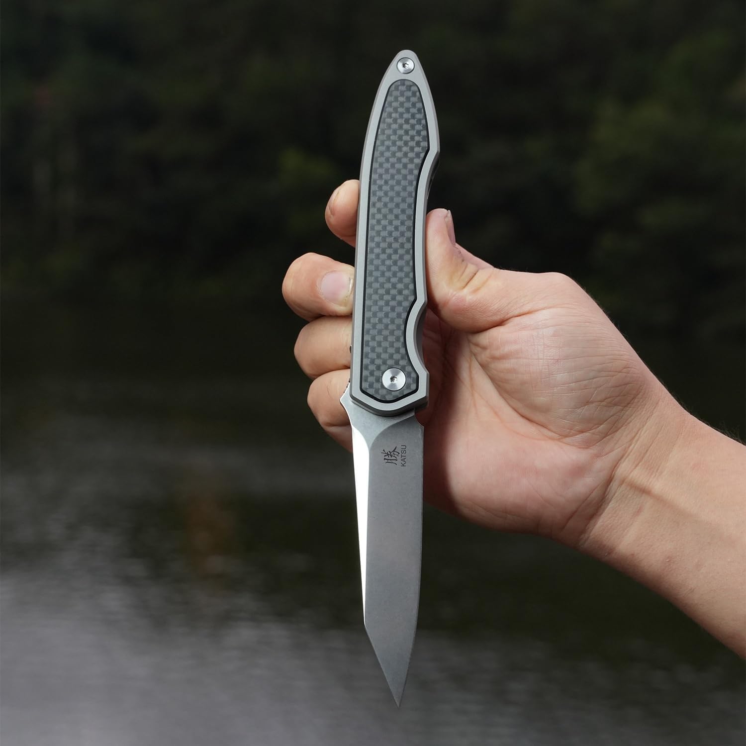 KATSU S35VN Folding Knife with Clip,Carbon Fiber Handle Pocket Knife Cleaver Razor Blade Frame Lock,Japanese Style Clip Point Blade Stonewashed Titanium Knives with Leather Sheath Camping