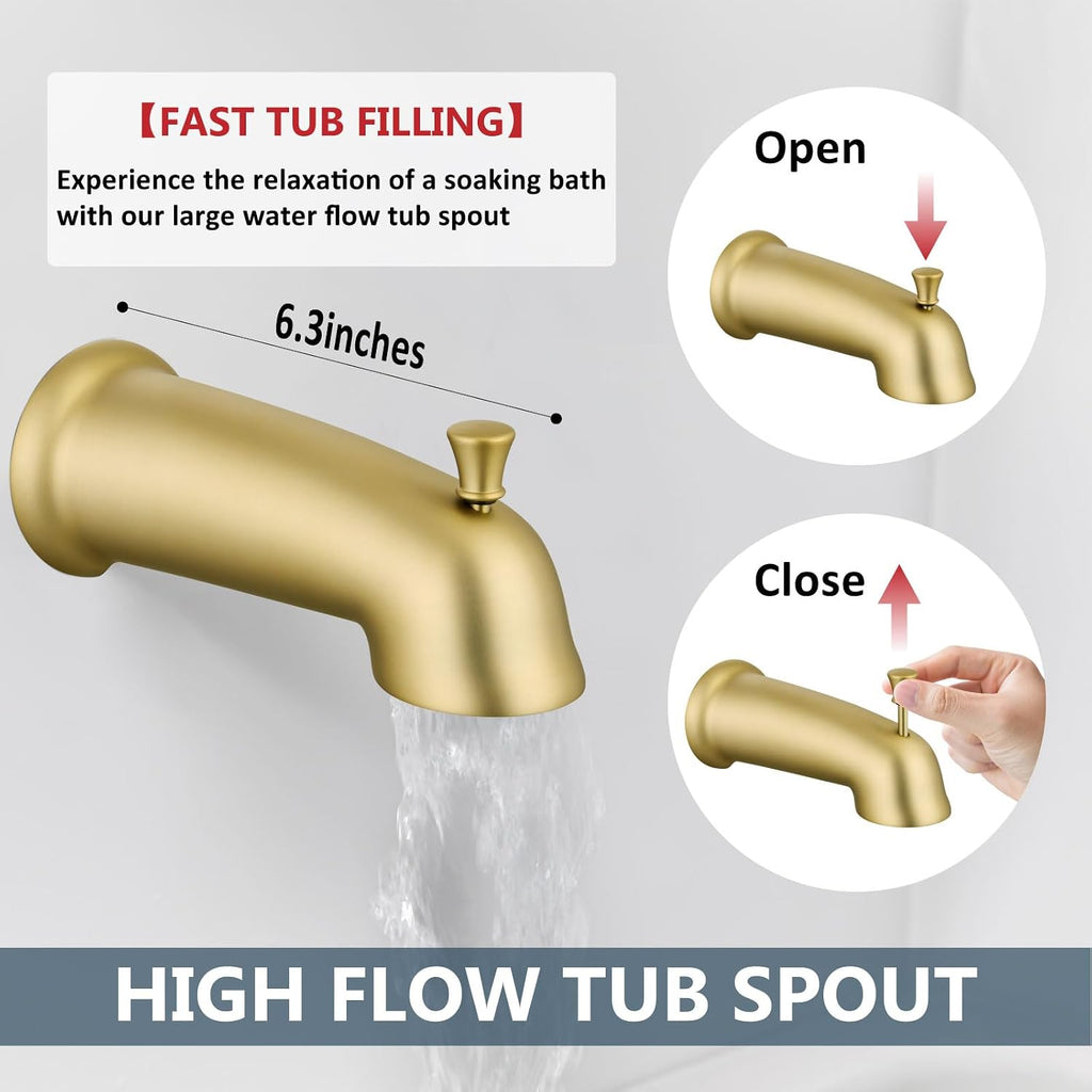 Aolemi Shower Faucet Set with Tub Spout Rain Shower Head System Shower Trim Kit Pressure Rough-in Valve Included ABS 8 Setting Dual Shower Head and Handheld Spray Brushed Gold
