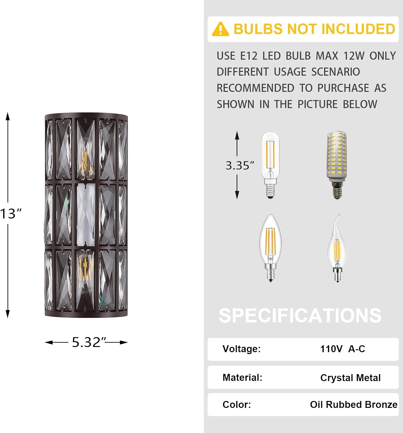 2 Light Modern Concise E12 Base Polyhedral Crystal Shade 2 Pack Wall Sconce Light Fixtures,Oil Rubbed Bronze Finish for Bathroom,Bedroom Living Room Bedside