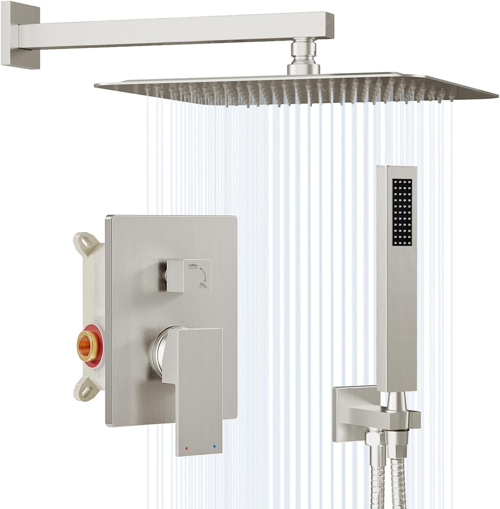 Gabrylly Shower System Brushed Nickel, Rain Shower head with handheld Shower Spray Combo, Rainfall Shower Faucet Set Complete, High Pressure 10' Stainless Steel Shower Valve Set
