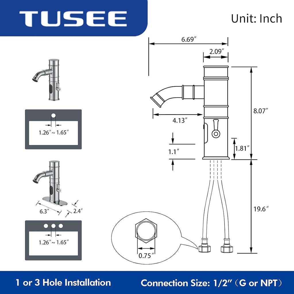 Touchless Bathroom Faucet with Rotatable Spout and Manual Option, Bathroom Sink Faucet with Temperature Control and Flow Control, Chrome, TS-5501C