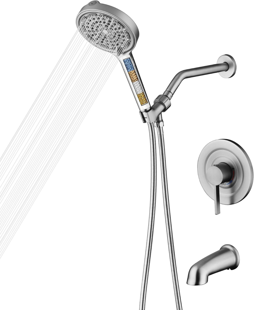 SUMERAIN Rain Shower System with Tub Spout, High Flow Bathtub Shower Faucet Set with 6-Spray Showerhead with Filters, Brushed Nickel Finish