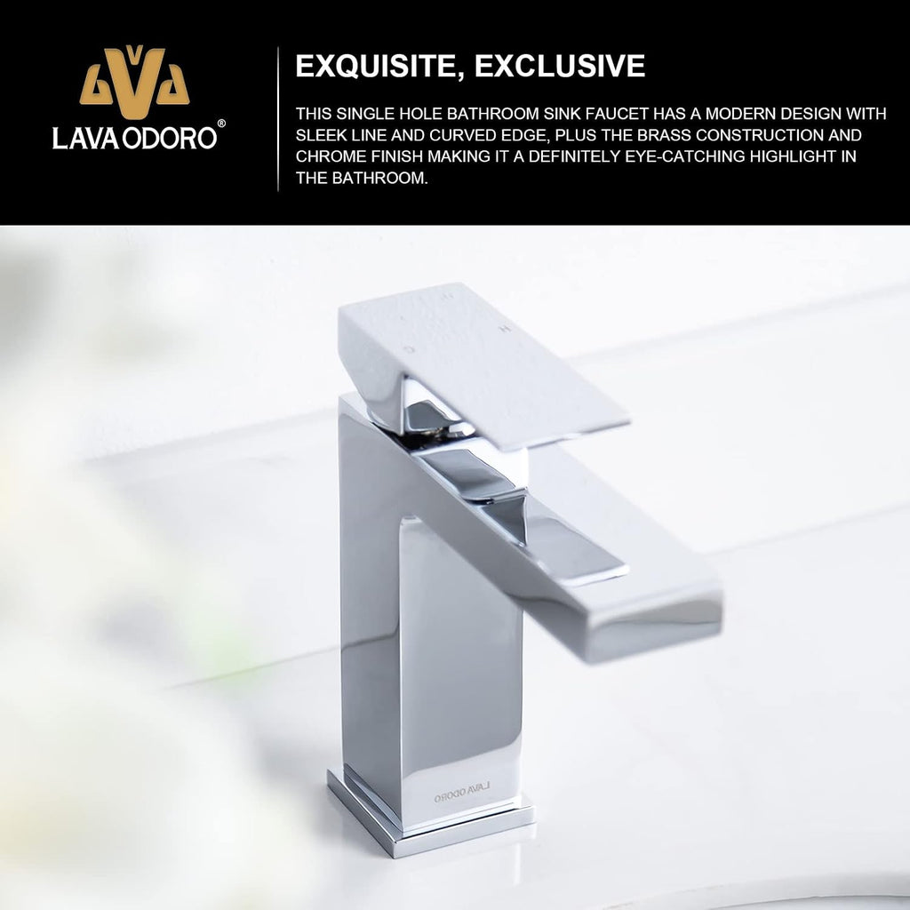 Chrome Bathroom Faucet, Lava Odoro Single Hole Bathroom Faucet, Single Handle Bathroom Sink Faucet Vanity Faucet with Pop up Drain Assembly, Deck Plate Included, BF307-C