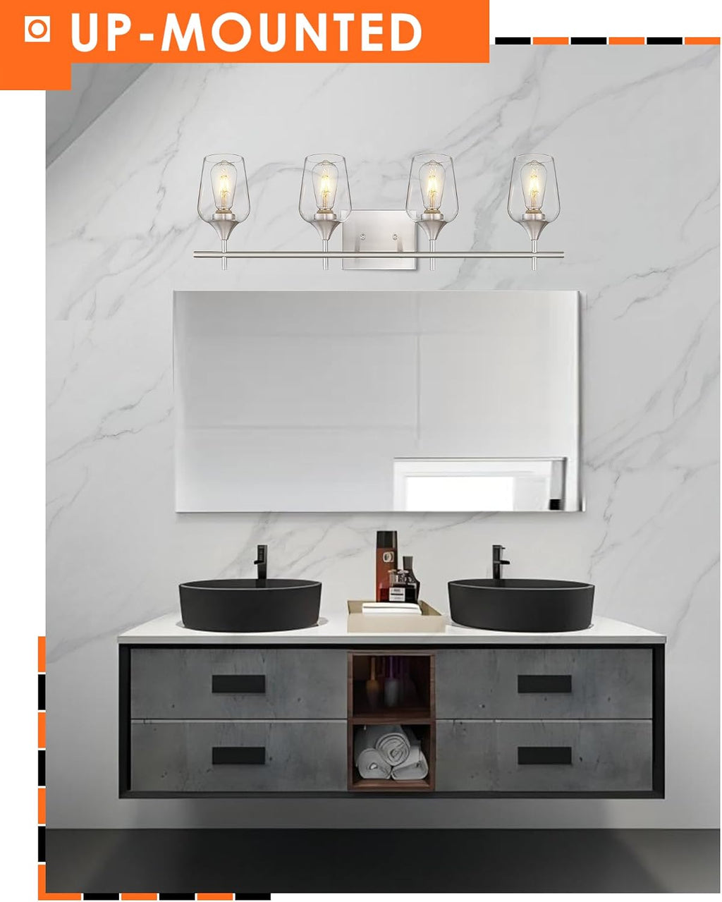 4-Light Bathroom Lighting Fixtures Over Mirror, 24 Inch Brushed Nickel Vanity Lights with Clear Glass, Modern Bath Wall Sconce Lighting for Bathroom, WL9167-4C