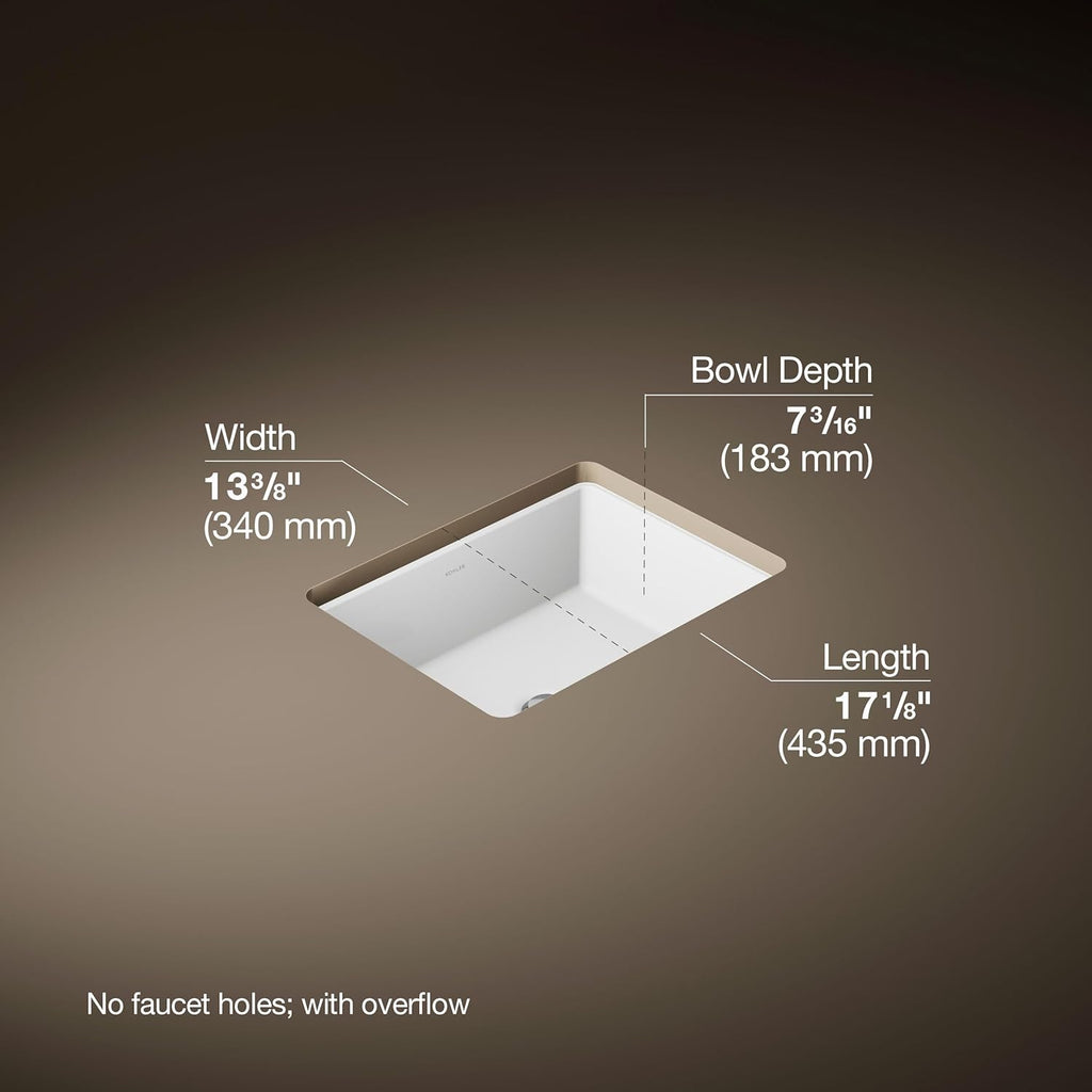 KOHLER Verticyl 17' Undermount Bathroom Vanity Sink With Overflow Drain, Undermount Bathroom Sink, White