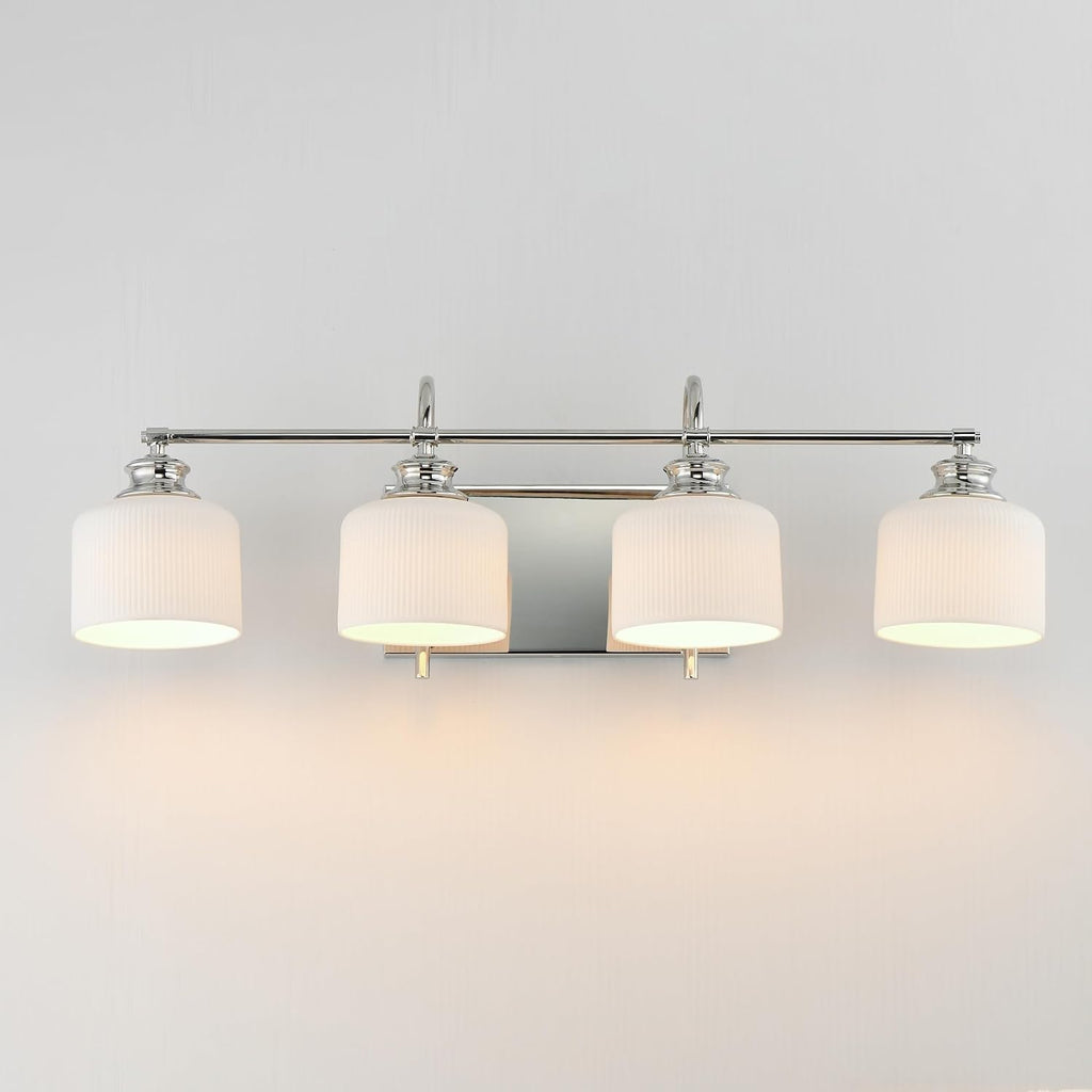 Maxim Lighting Bisque 4-Light Bath Vanity Light | Polished Nickel Steel Finish | White Glass Shade | Modern Indoor Light Fixture | Ideal for Bathrooms & Powder Rooms | Dimmable Damp Rated | 21494WTPN