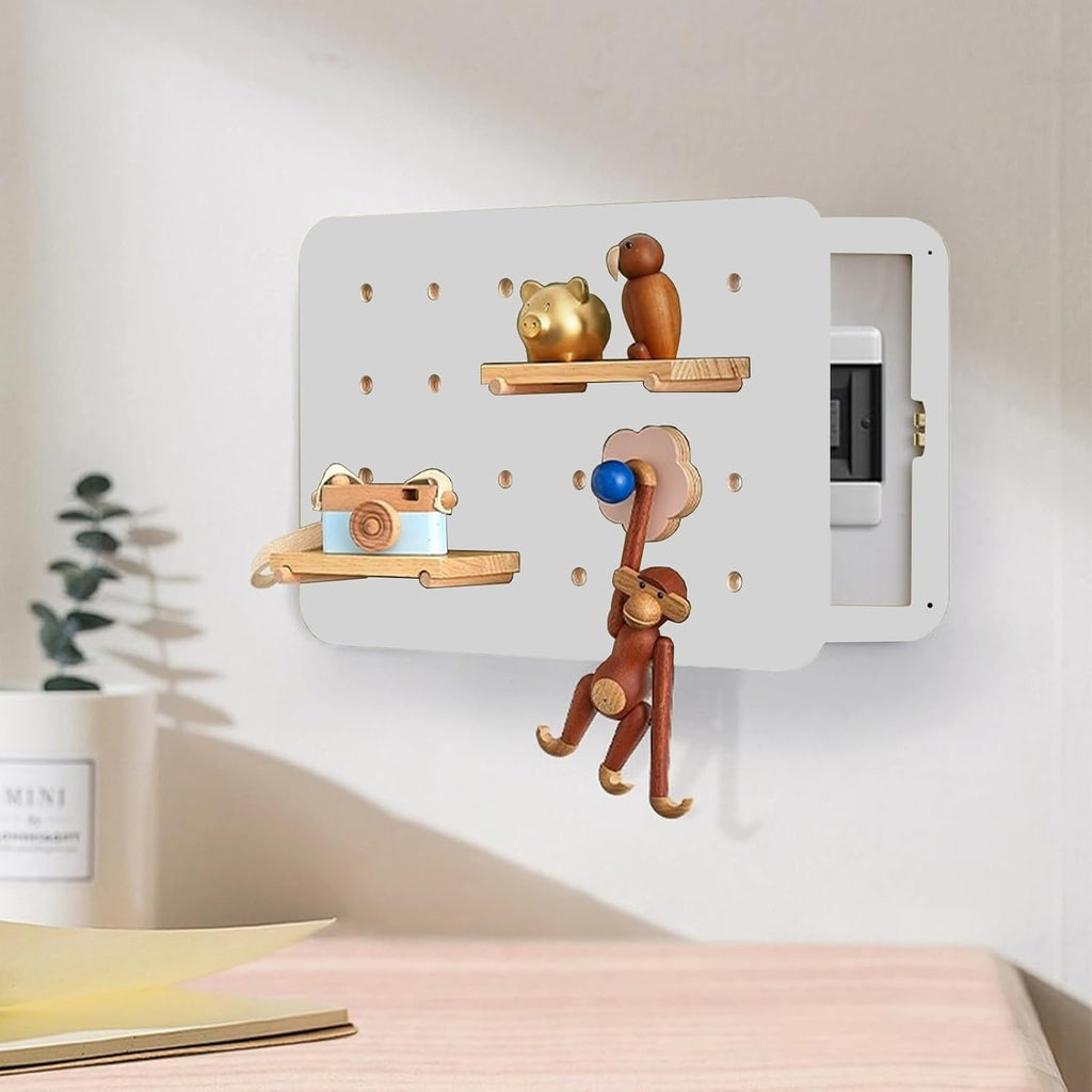 Electrical Panel Cover Wall Mounted Fuse Box Cover Cabinet, Solid Wood Electric Panel Cover with Shelf & Hook, Distribution Box Decorative Lid for Restaurant(Silver)