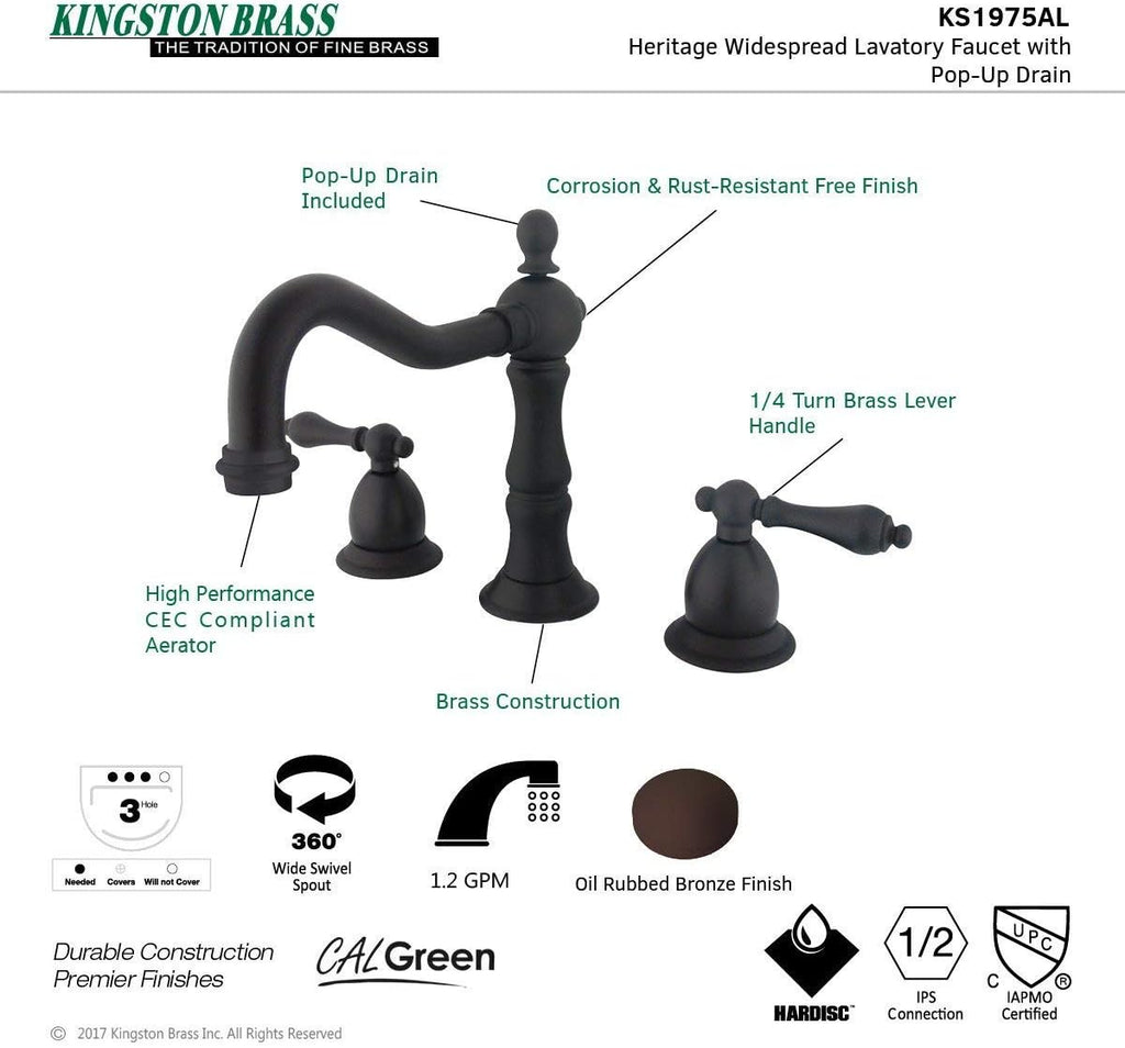 Kingston Brass KS1975AL Heritage Widespread Lavatory Faucet with Metal lever handle, Oil Rubbed Bronze, 8-Inch Adjustable Center