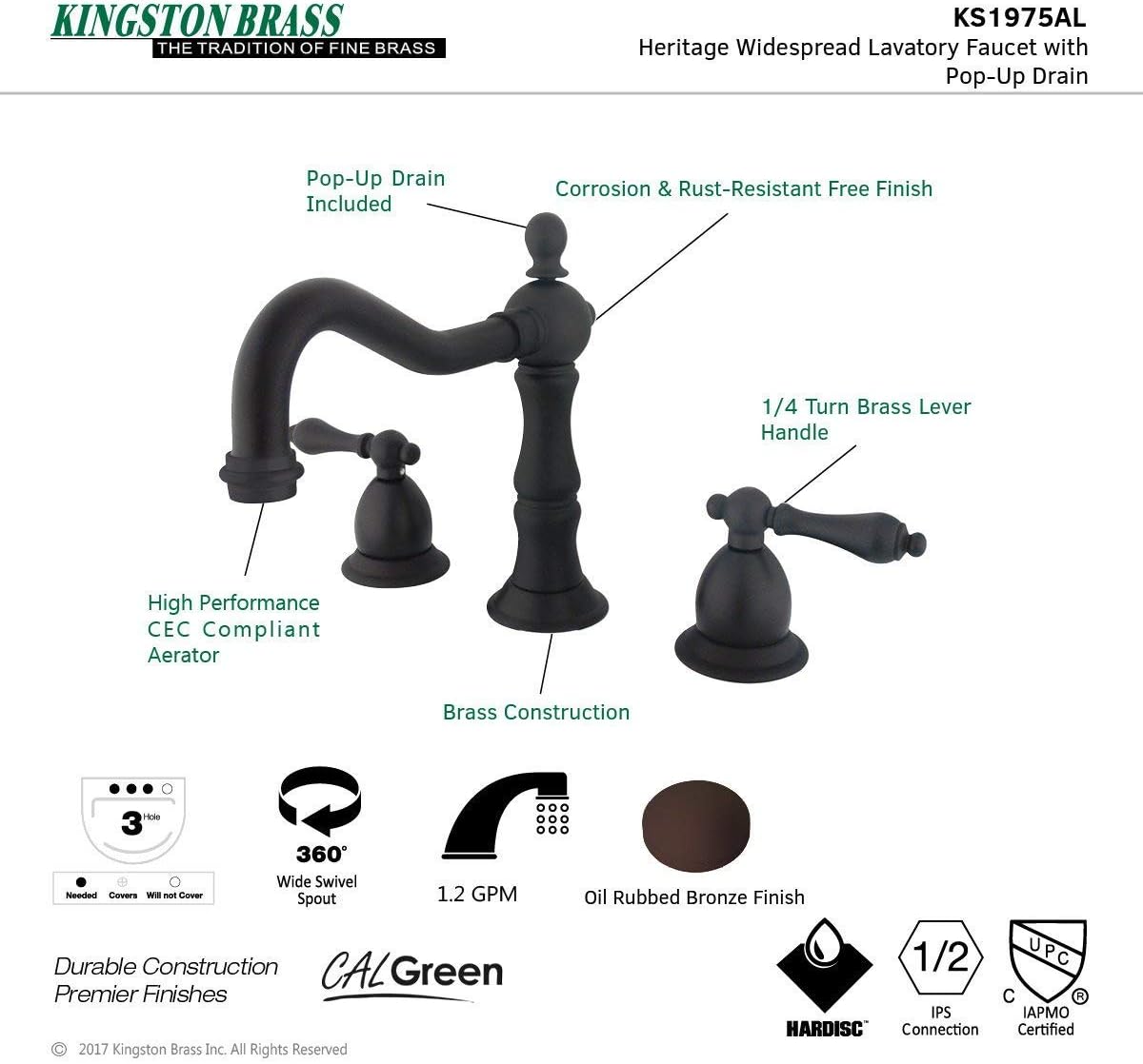 Kingston Brass KS1975AL Heritage Widespread Lavatory Faucet with Metal lever handle, Oil Rubbed Bronze, 8-Inch Adjustable Center