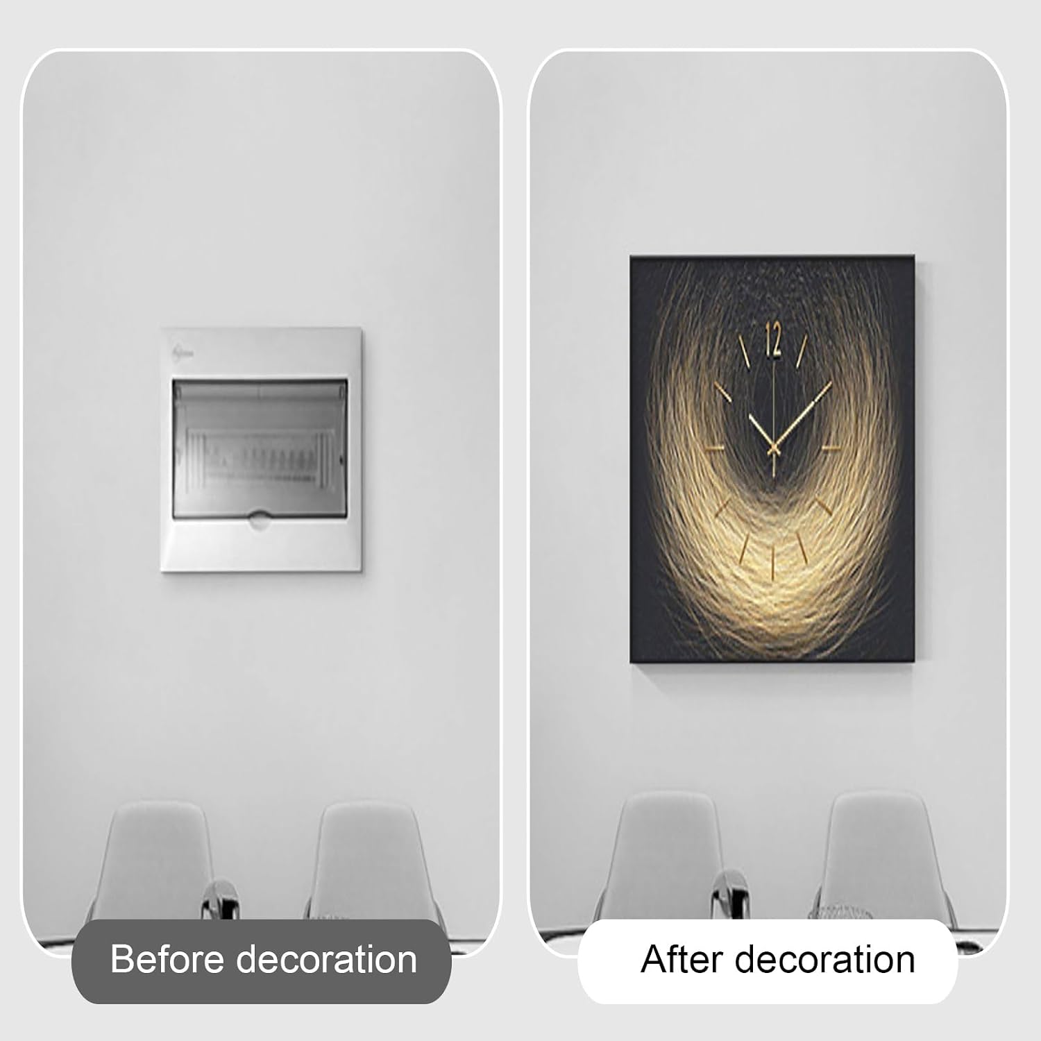 Decorative Painting Cover with Clock, Hidden Circuit Breaker Panel, Wall Mounted Electrical Panel Cover, Push-Pull Design for Home Office(Black 3,80 * 60cm/31.5 * 23.6in)