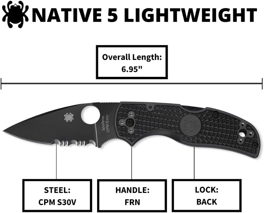 Spyderco Native 5 Signature Knife with 2.95' CPM S30V Black Steel Blade and Black FRN Handle - CombinationEdge - C41PSBBK5