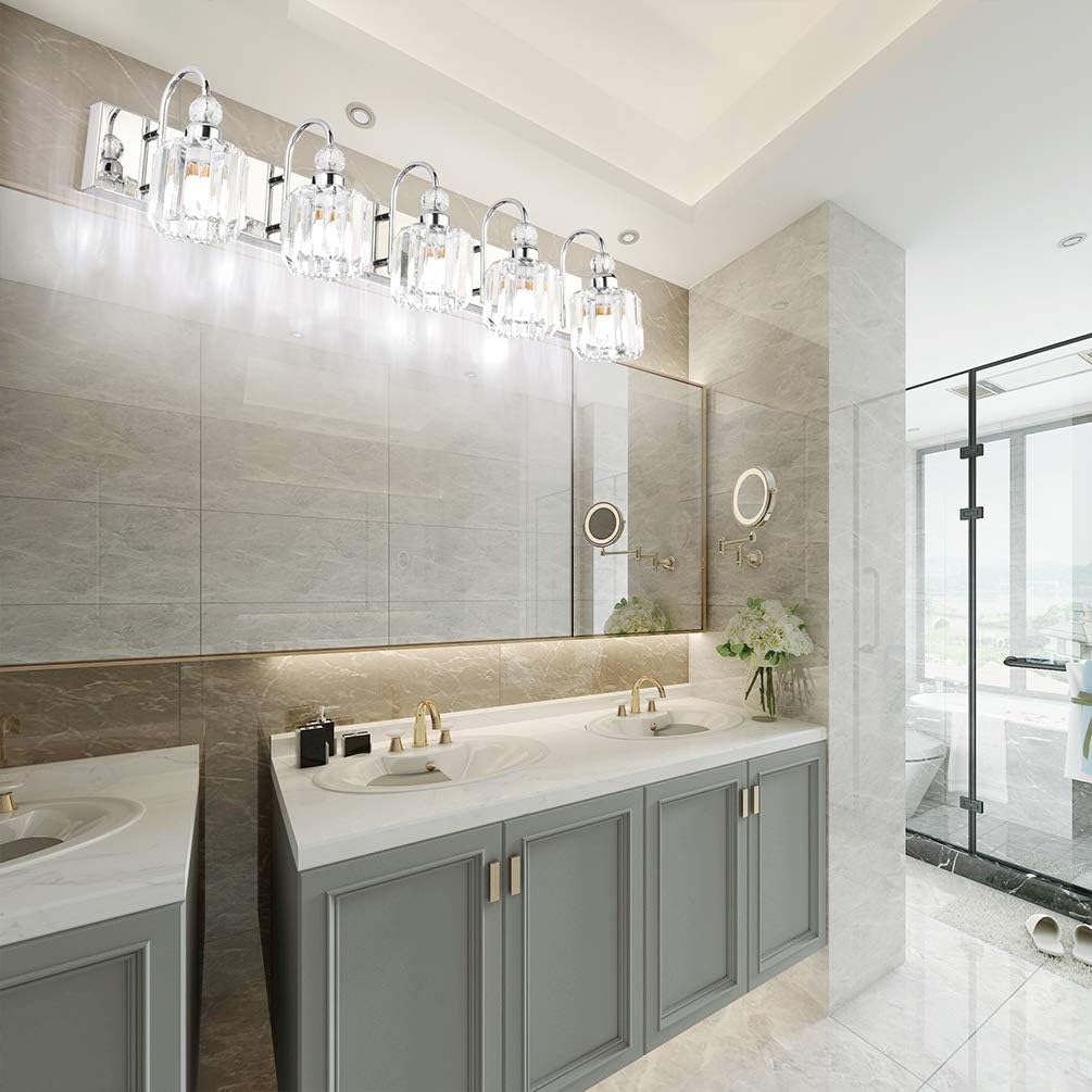 Ralbay Modern LED Crystal Bathroom Vanity Lights 5-Lights Stainless Steel Crystal Vanity Lights Over Mirror Modern Crystal Bathroom Vanity Lighting Fixtures