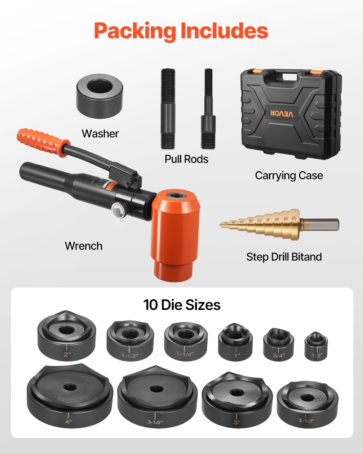 VEVOR Knockout Punch Set, 15 Ton Hydraulic Knockout Set, 1/2' to 4' KO Tool Kit Hole Making Tool, KO Tools Kit W/10 Dies for Metal Electrical Cabinets, Electrical Control Cabinets, Switch Cabinets
