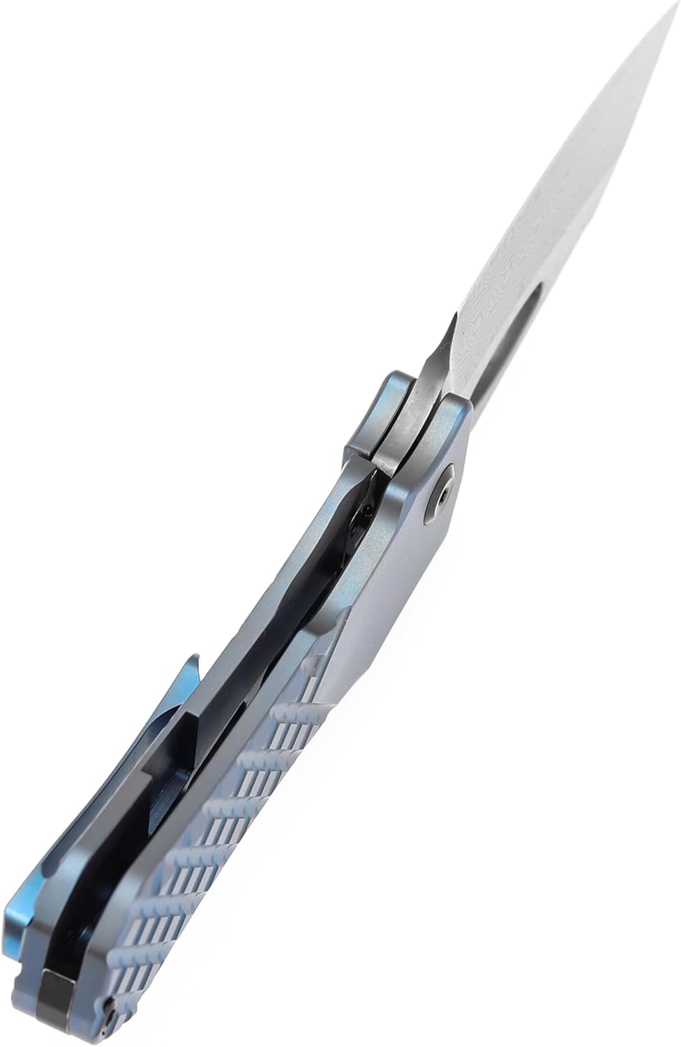 KANSEPT Loki Pocket Knife, 2.99'' Damascus Blade, Blue Anodized Titanium with Frag Pattern Handle, Everyday Carry K1058B7