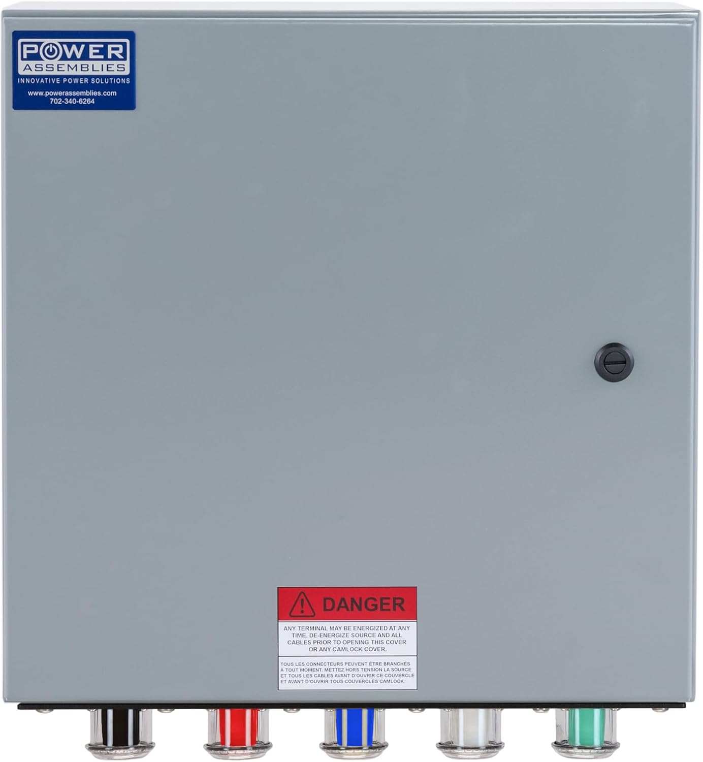 Camlock Connection Box, 400 Amp, 120/208V, 3 Phase, 4 Wire, NEMA 4/12 with Camlock Series 16 Female Outputs, Double Set Screw Wall-Mount Power Distribution Box, BLK/RED/BLU/WHT/GRN