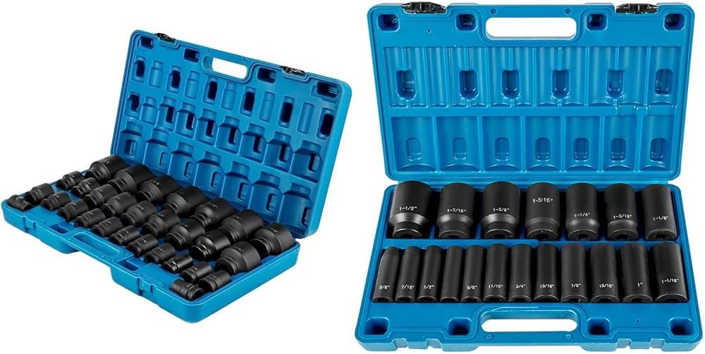 VEVOR Impact Socket Set 3/4 Inches 29 Piece & 1/2 Inches 19 Piece, 6-Point Deep Sockets, Rugged Construction