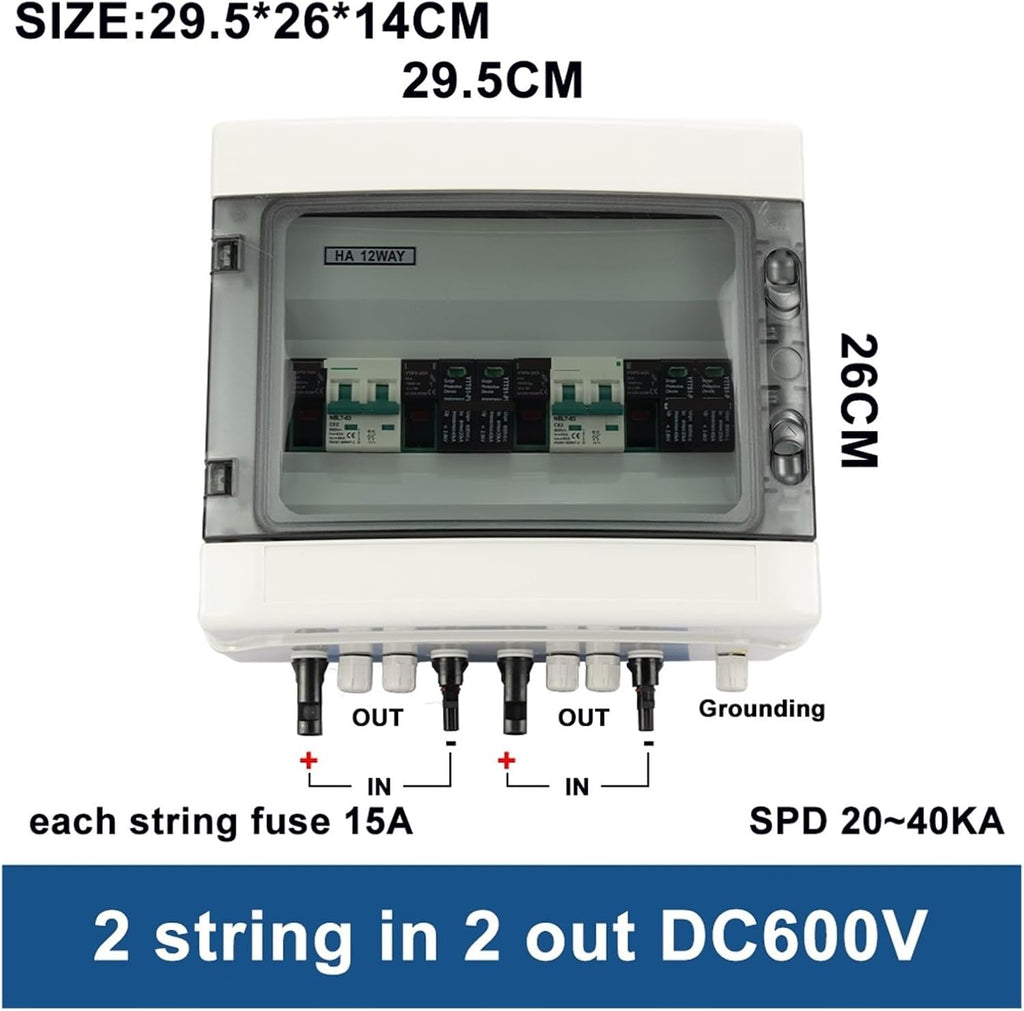 CAARLA 2-in-2-out 600V IP65 Solar PV Surge Protection DC Box Combiner Box with DC Circuit Breaker, Fuse, and Surge Protector, PVC Material, Wall-Mounted, Water Resistant