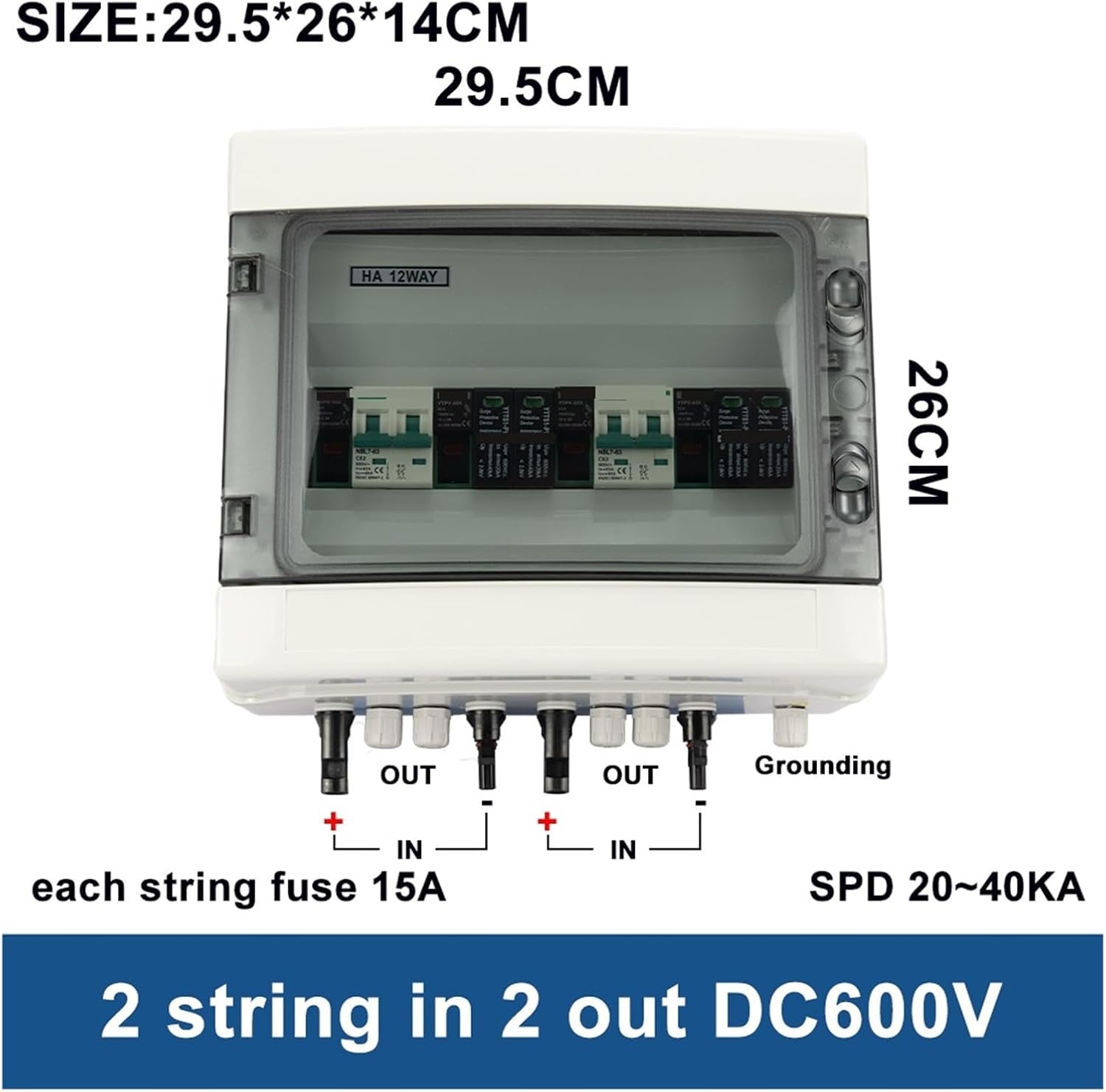 CAARLA 2-in-2-out 600V IP65 Solar PV Surge Protection DC Box Combiner Box with DC Circuit Breaker, Fuse, and Surge Protector, PVC Material, Wall-Mounted, Water Resistant