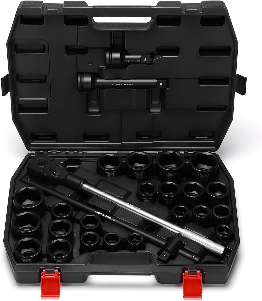 EMENTOL 3/4' Drive Jumbo Impact Socket Set, 27PCS, SAE (7/8'-2') and Metric (22mm-50mm),Shallow, 6-Point,Includes Ratchet Handle, Extension Bars, Sliding Breaker Bar, CR-MO