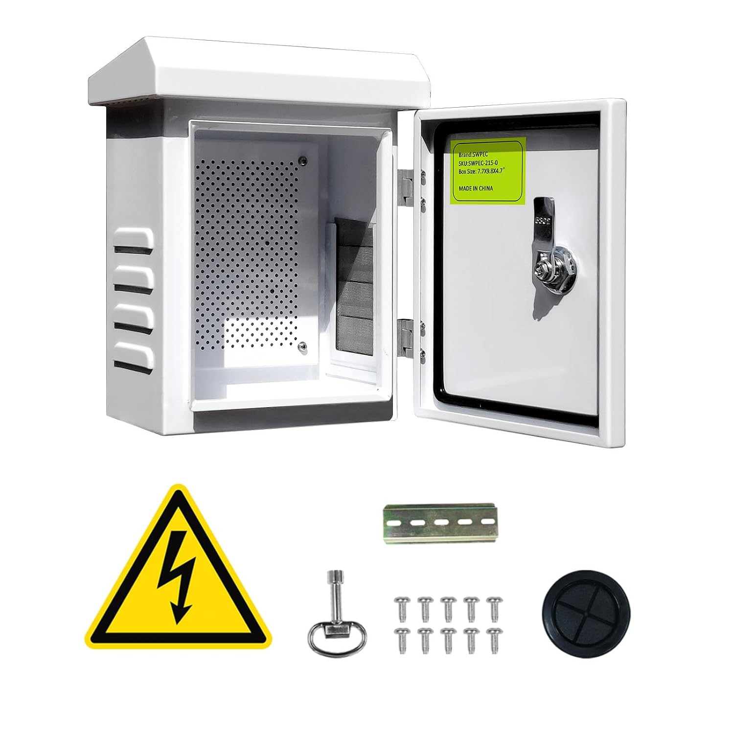 Metal Outdoor Enclosure with Rain Hood Electrical Box Weatherproof WiFi/Network Enclosure Breaker Box with Fan-Vent Design Cable Project Cabinet with Mounting Track Hole in Back 9X12X6