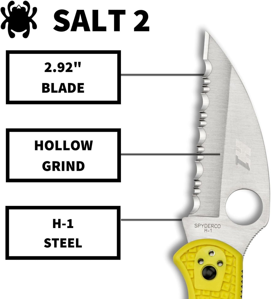 Spyderco Salt 2 Wharncliffe Knife with 2.9' H-1 Ultra-Corrosion Resistant Steel Blade and Lightweight Yellow FRN Handle - SpyderEdge - C88SWCYL2