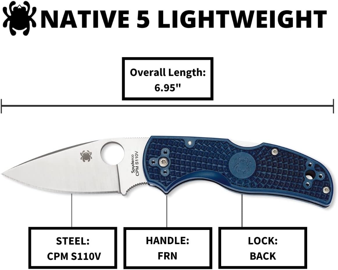 Spyderco Native 5 Lightweight Folding Knife with 2' CPM S110V Steel Blade and FRN Handle - EDC Knife for Men and Women, Perfect for Hunting, Tactical, Camping, Survival, Hiking - PlainEdge - C41PDBL5
